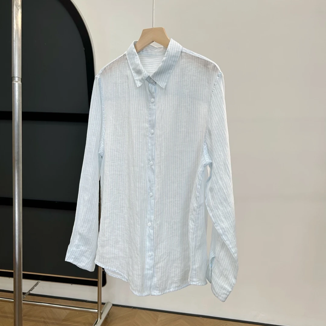 【若若美】X-1723夏季条纹100苎麻衬衫女士高级透气百搭宽松衬衣