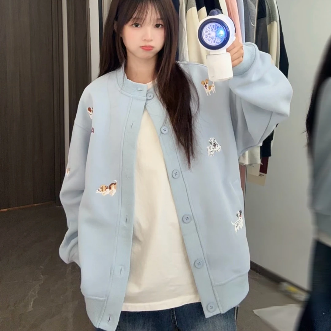 小狗绣花开衫夹克男女2025新款秋季情侣款潮流上衣外套休闲宽松