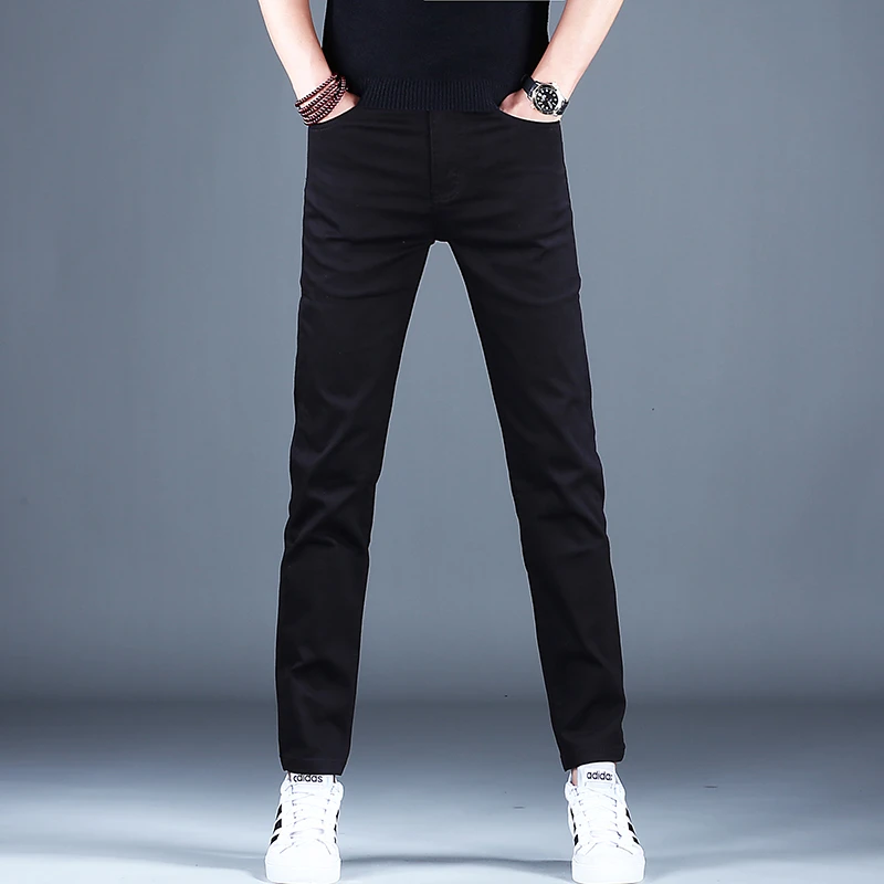夏季时尚百搭修身超软弹力男士牛仔黑色小脚长裤商务修身牛仔裤
