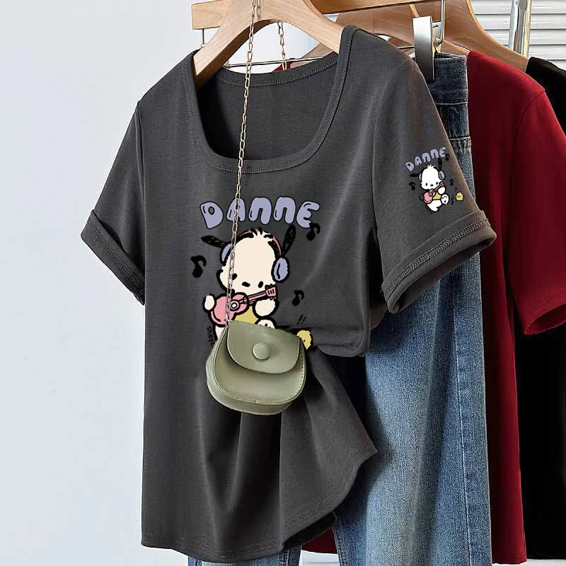 美式复古不规则正肩短袖T恤女夏季新款大码胖mm显瘦方领纯棉上衣