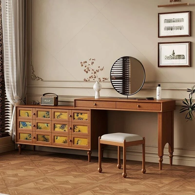 山野木中古风实木梳妆台主卧室香云纱伸缩妆台斗柜转角复古化妆桌