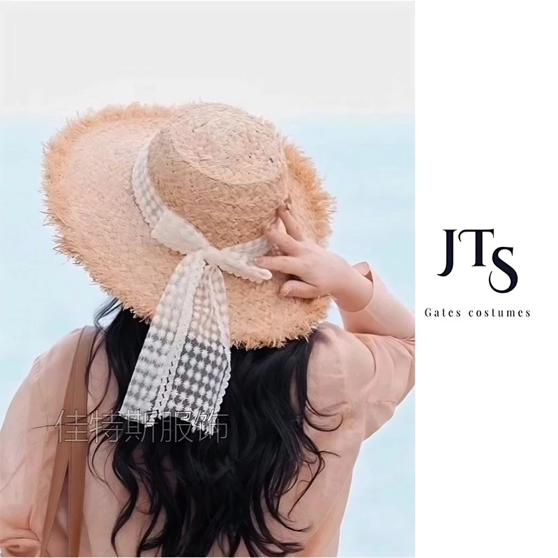 F1881#夏季遮阳防晒新品蝴蝶结系带毛边大帽檐海边度假风草编帽