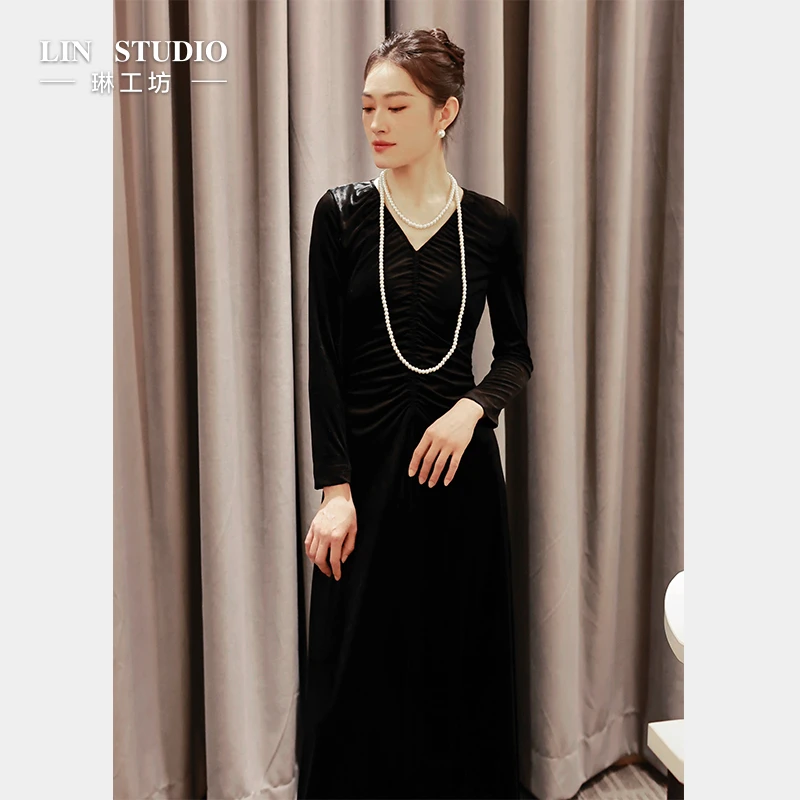 【醋酸】琳工坊风亭黑色连衣裙气质丝绒复古优雅千金新款唐琳设计师