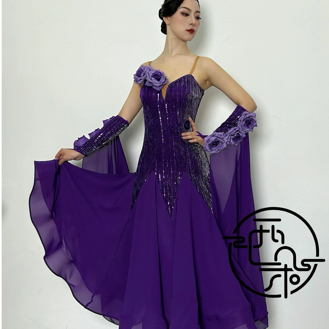 西朵舞服摩登舞玫瑰花大袖飘吊带款表演裙连衣裙XD481