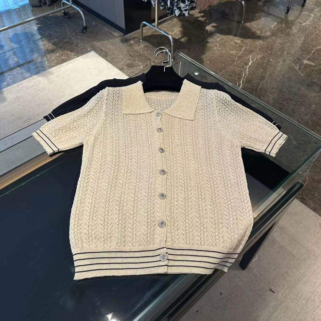 竖纹镂空翻领薄款针织短袖