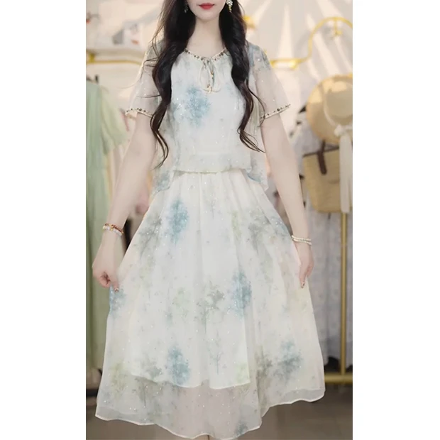 L5325假两件连衣裙女遮肚子2025夏季新宽松显瘦时尚减龄套装长裙