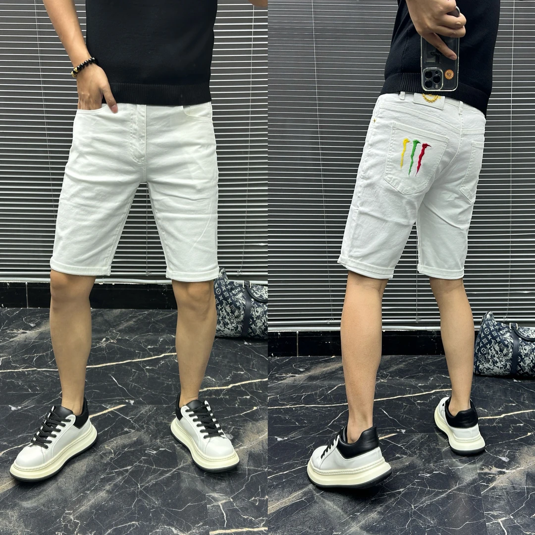 爆款白色牛仔短裤男款潮流时尚修身直筒夏季刺绣五分中裤痞帅休闲