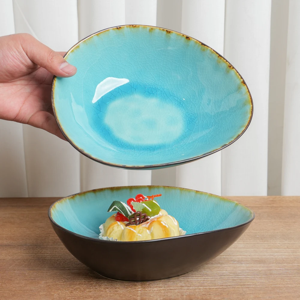 【正品】菜碗釉下彩陶瓷碗窑变浅蓝冰裂纹水滴日式复古家用L2A