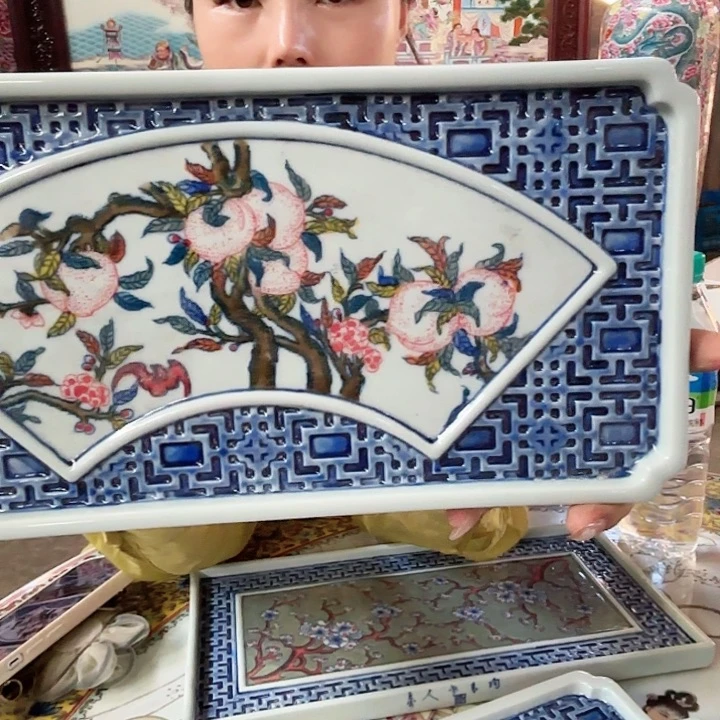 摆件景德镇高温陶瓷九桃五福