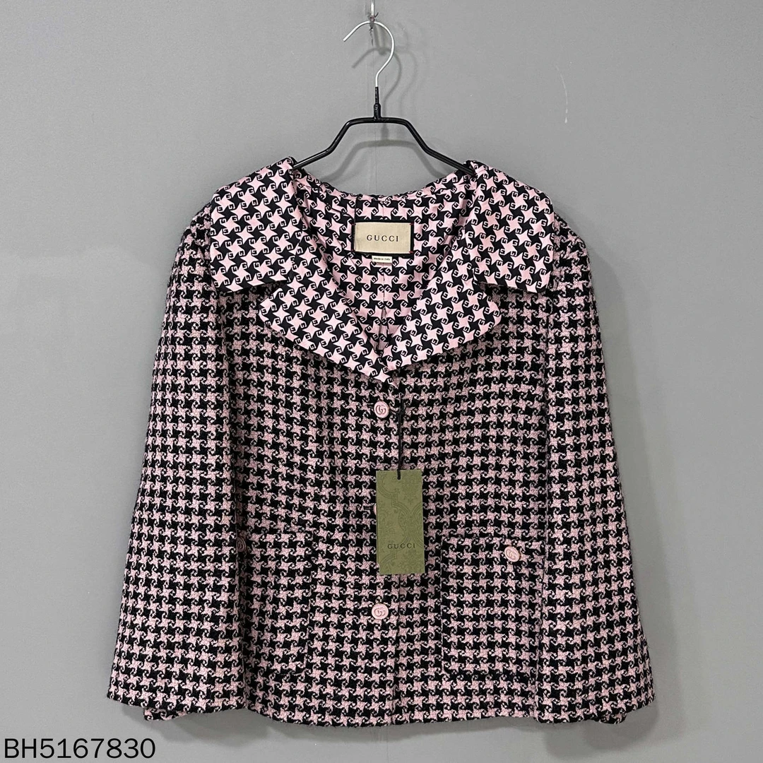 未使用 GUCCI/古驰 粉色千鸟格真丝logo外套/42码/67830