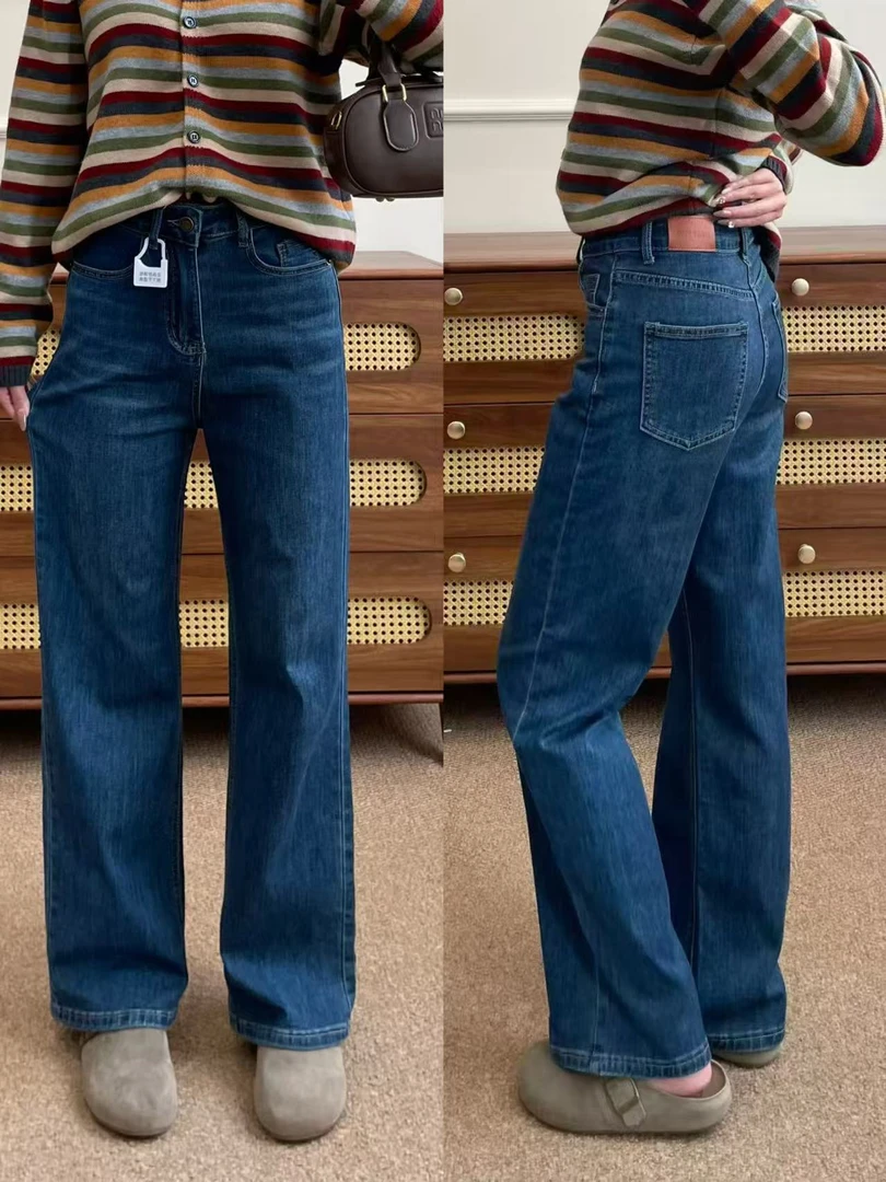 微弹力直筒裤高弹力水洗常规款高腰厚款长裤秋季新款大码牛仔裤