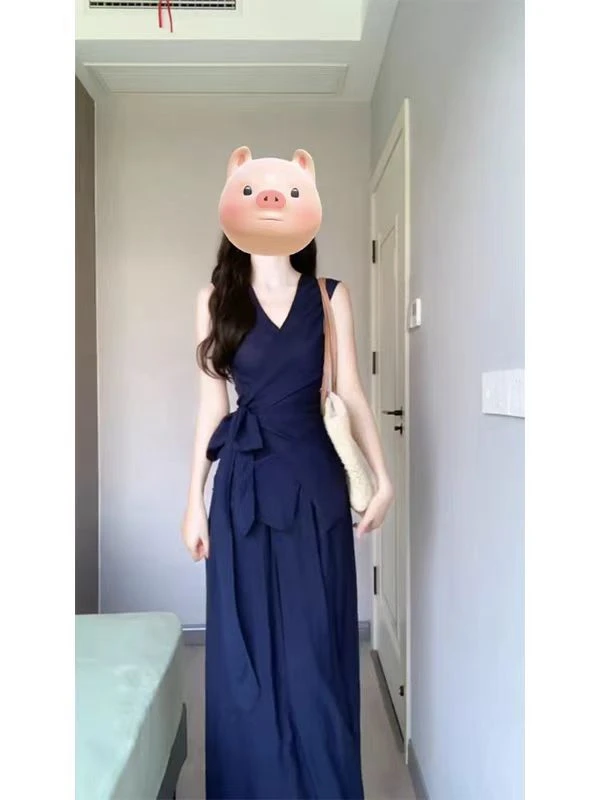 2025春夏新款法式高级感修身无袖系带V领上衣气质高腰显瘦半身裙