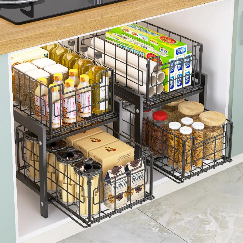 跨境可折叠多功能抽拉式双层拉篮橱柜内抽屉式拉篮厨房台面置物架