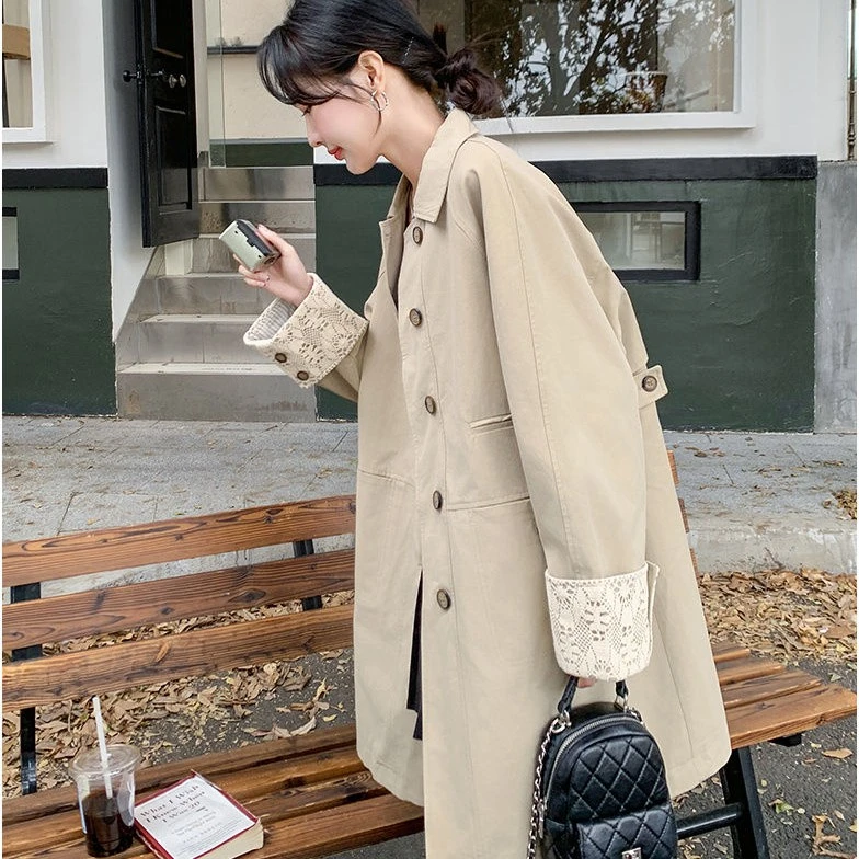 韩系蕾丝拼接风衣外套女2025春秋季新款超好看中长款宽松休闲大衣