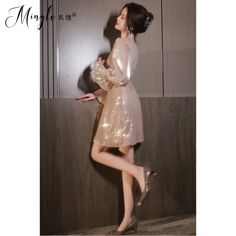 小晚礼服裙女2025新款气质名媛高端宴会高级感金色短款亮片连衣裙