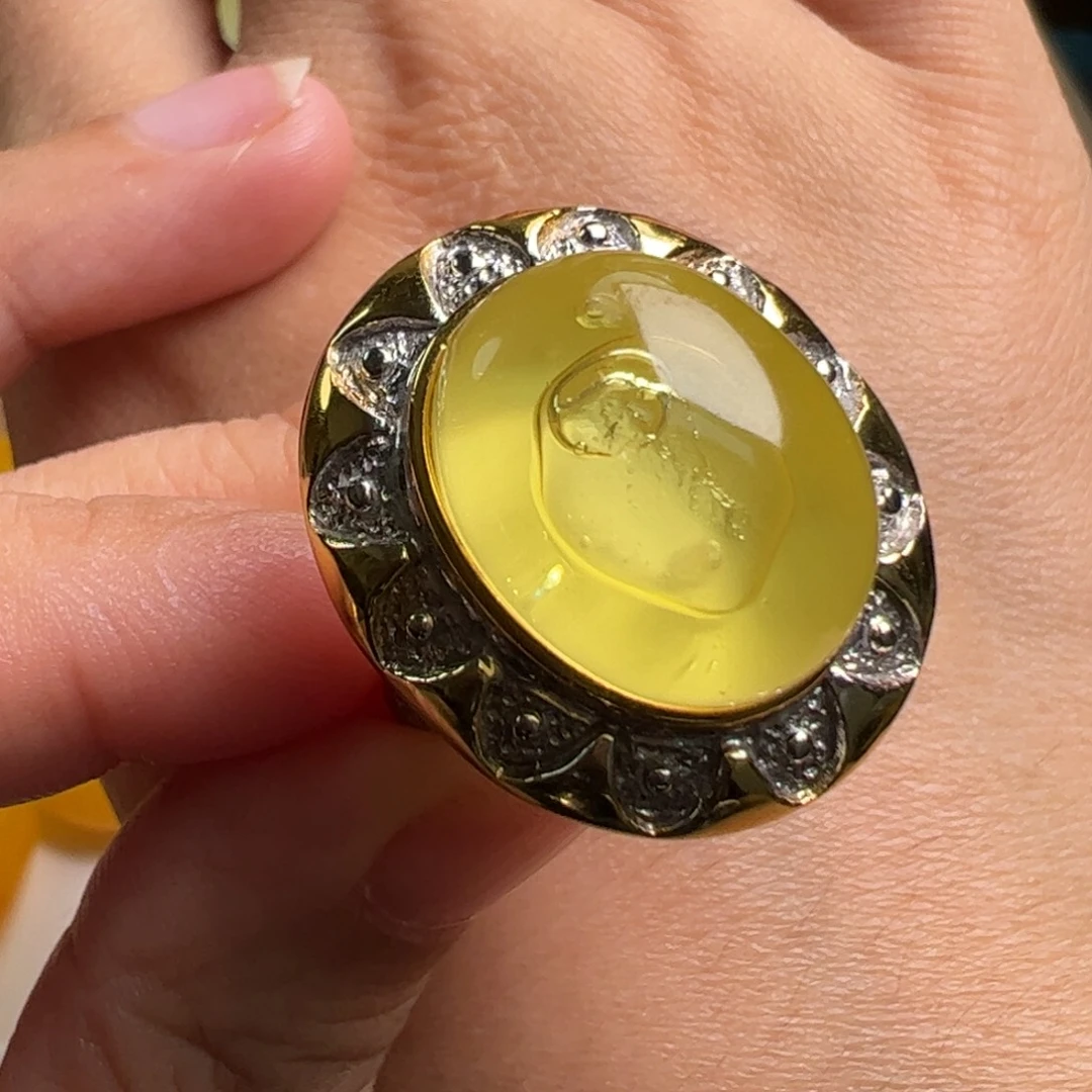 银S925镀金镶嵌蜜蜡戒指无烤色无优化无补胶无煮蜜无辐照无煮蜜