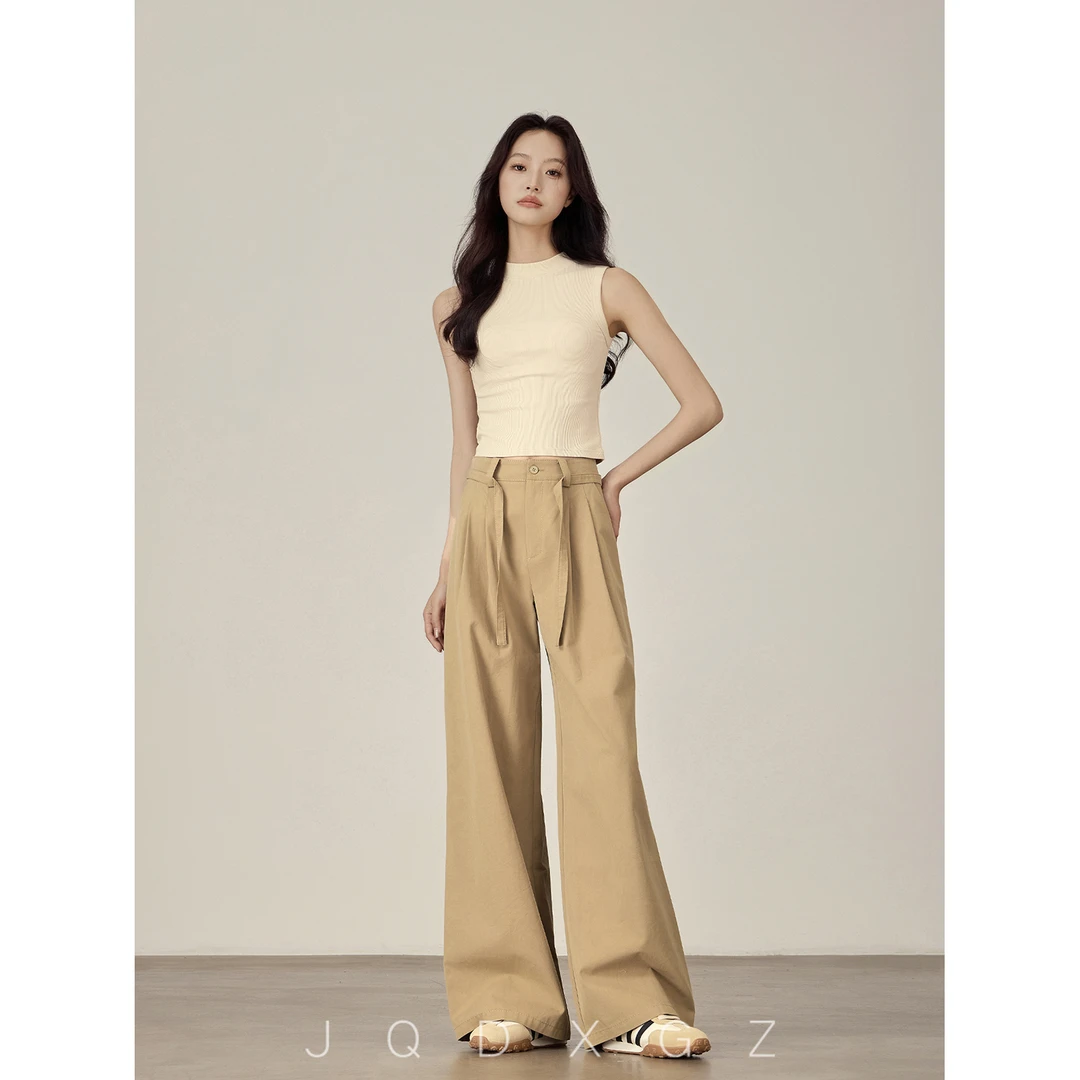 【李李】小个子天丝休闲裤女夏薄款卡其色阔腿裤高腰直筒洋气裤子
