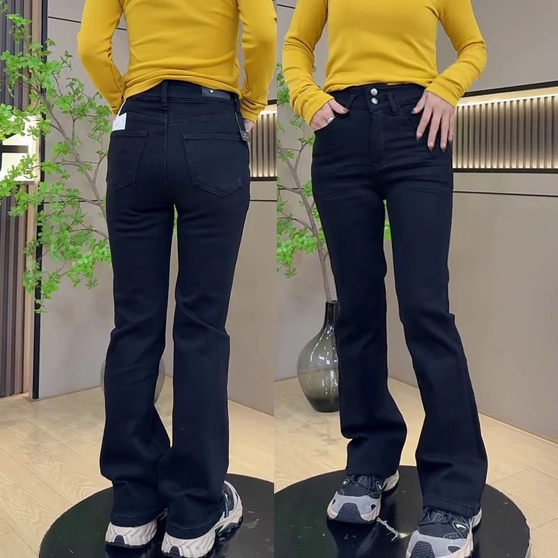 2025年秋冬新款大码弹力修身微喇裤高腰显瘦窄版牛仔加绒马蹄裤女