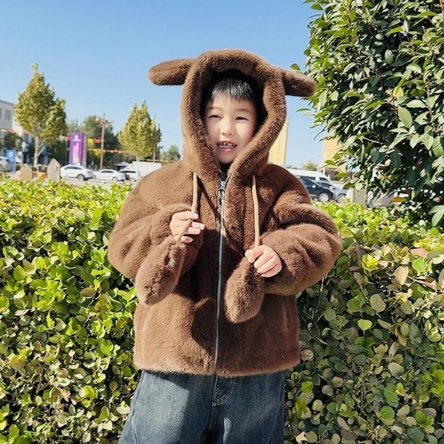 儿童爆款男女童冬装加绒外套新款超萌会动耳朵连帽加厚童装仿皮草
