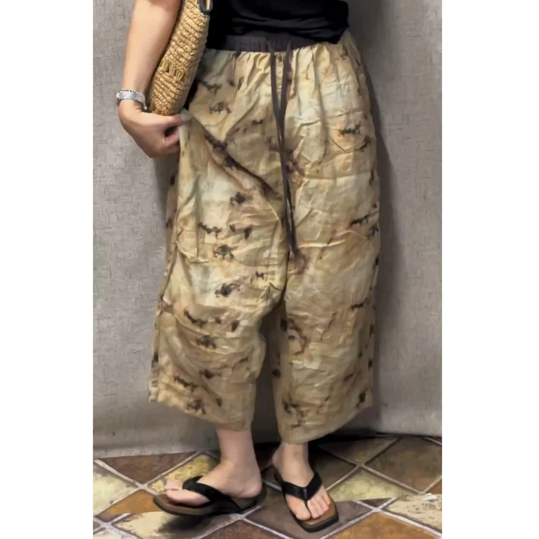 2025夏季新款高腰显瘦大码棉麻印花垮裤