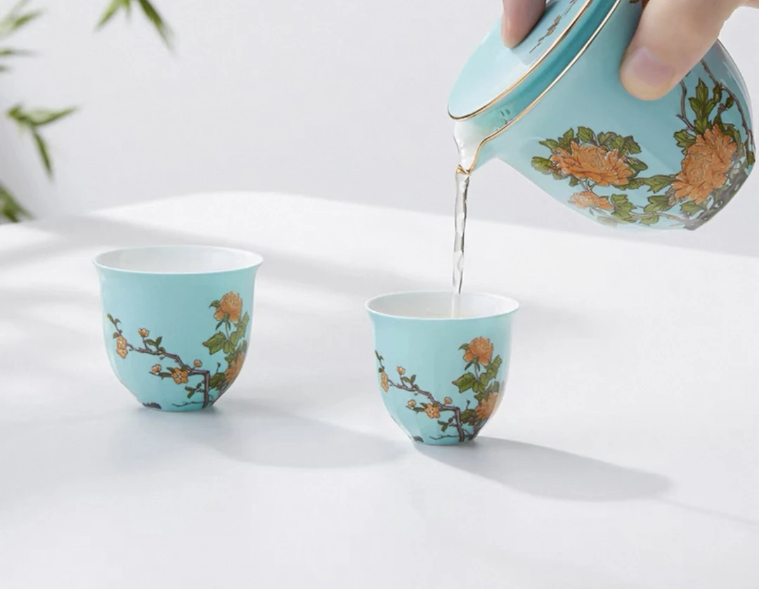 夫人瓷 西湖蓝4头悦己旅行茶具 陶瓷快客杯  户外便携式泡茶礼盒