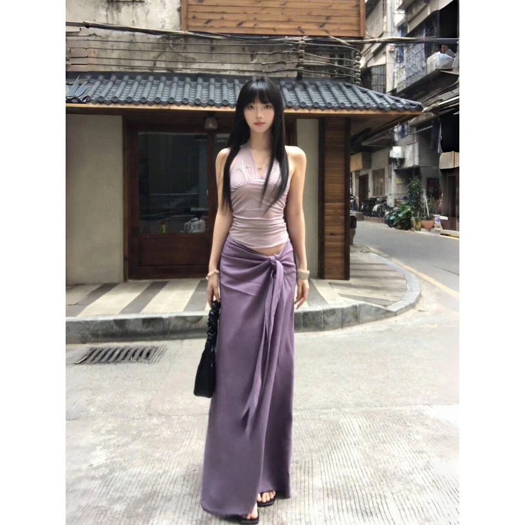 2025纯欲套装紫色挂脖露背吊带上衣女夏季新款辣妹半身裙两件套