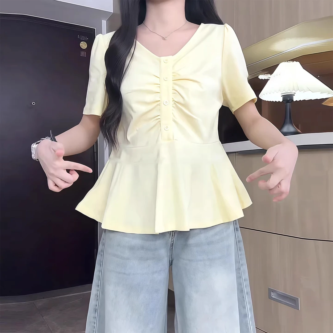 大码法式荷叶花边V领短袖T恤女夏胖mm显瘦遮肉设计感百搭上衣ins