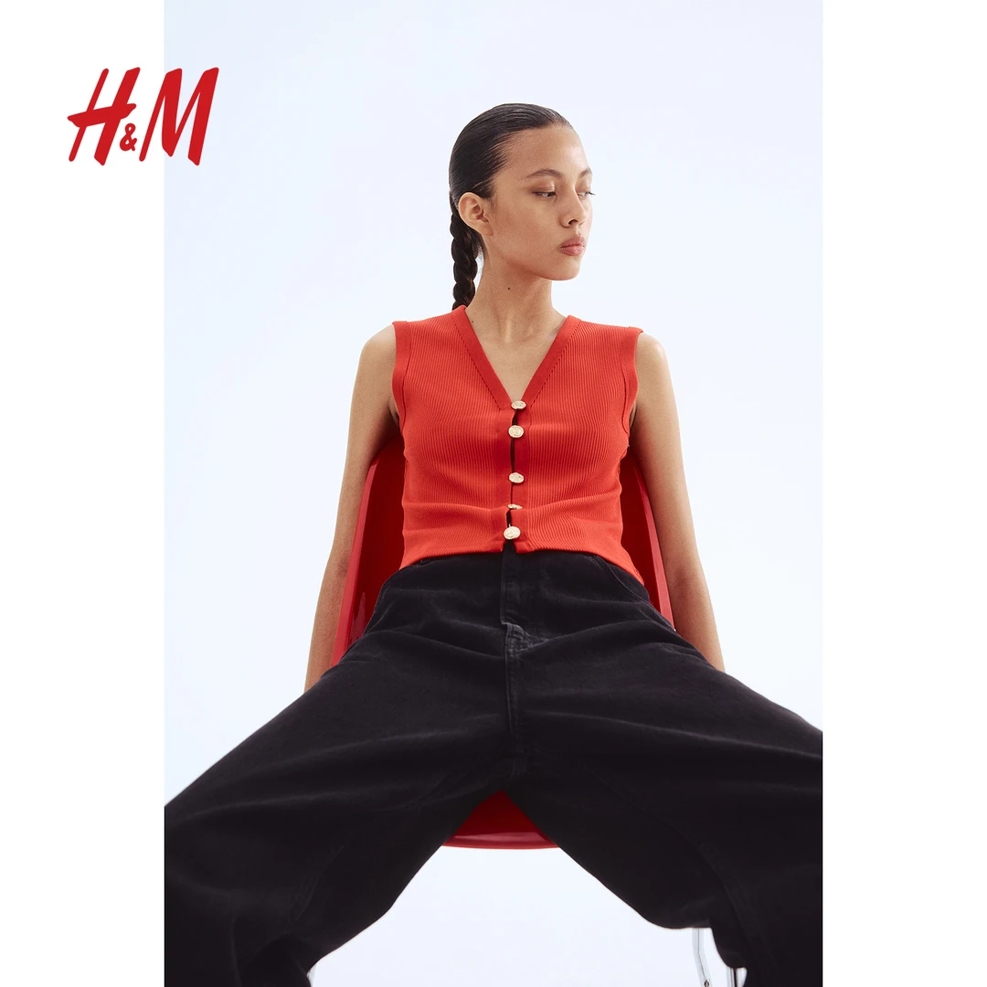 HM2025春新款女装财阀千金休闲百搭修身正面系扣毛线背心1283654