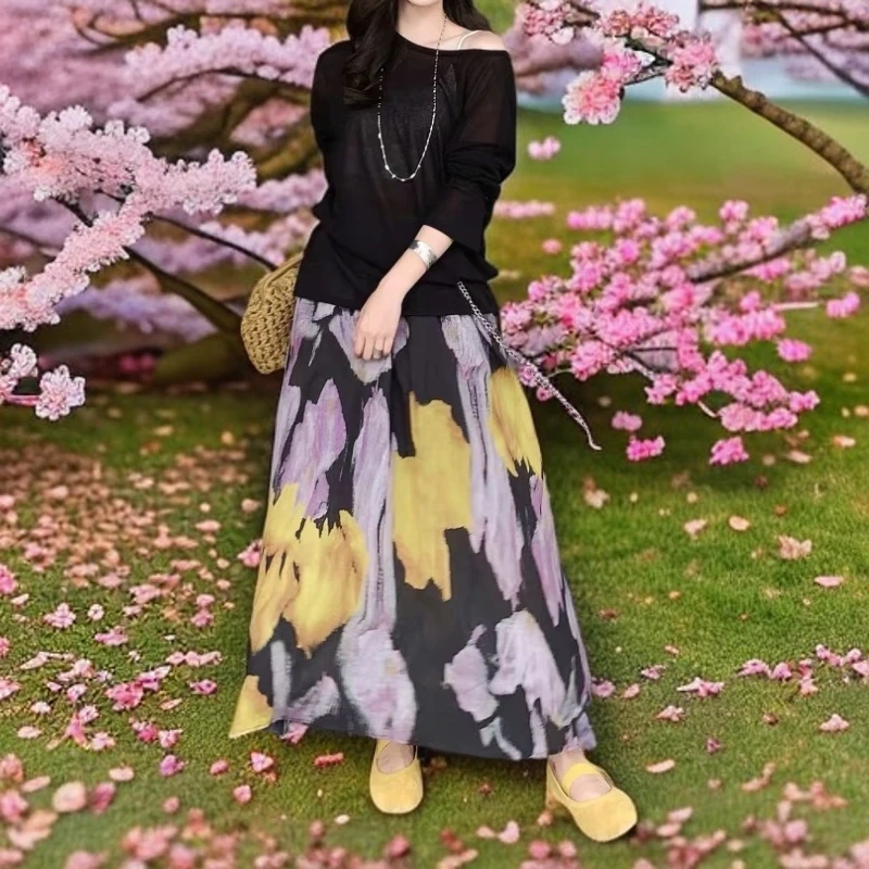 紫罗兰苎麻印花松紧腰中长半裙 尽显普罗旺斯风情