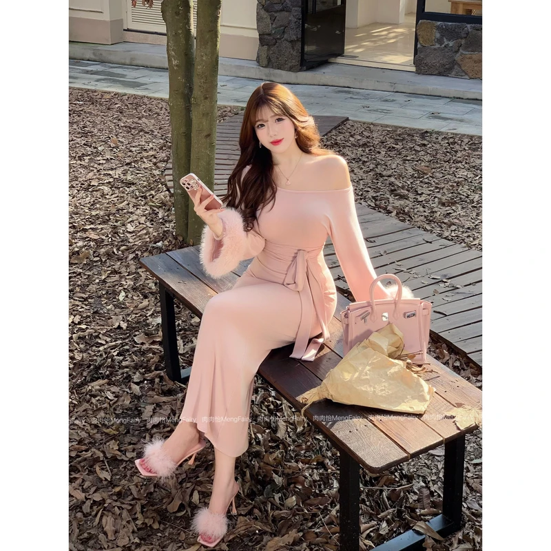 肉肉怡 清清【窈窕淑女】秋冬贵气中式花球袖收腰连衣裙6475