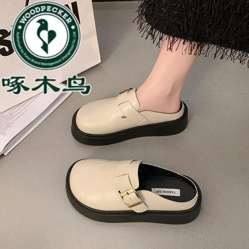 啄木鸟厚底包头女外穿春夏季新款复古外穿懒人穆勒小高跟勃肯