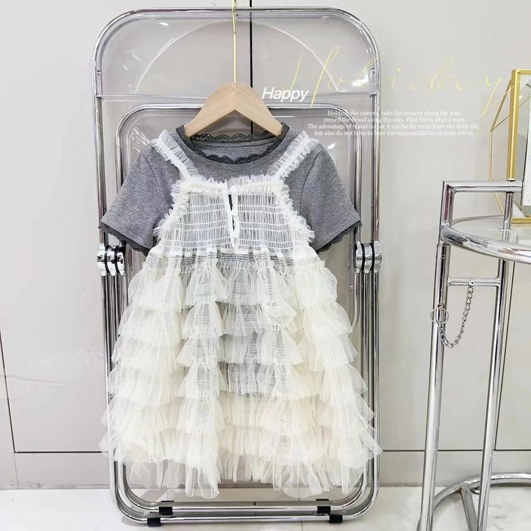 汤圆家童装2025夏季新款韩系气质蕾丝花边高级感两件套裙 YA-1229