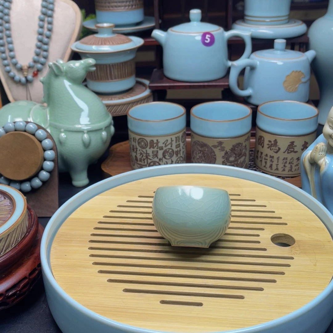 【闪购商品】摆件瓷汝州壶，壶，杯，天青，壶