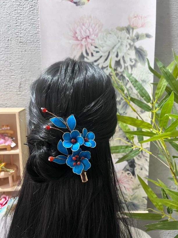 如愿绒花 点翠蓝 新中式汉服绒花发夹