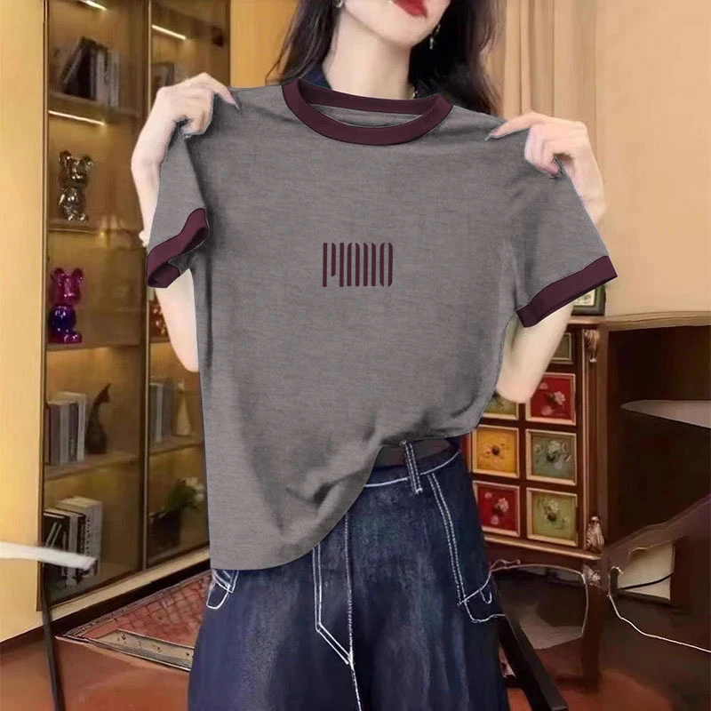 撞色圆领高级正肩短袖t恤女夏季2025新款时尚百搭休闲上衣体恤潮
