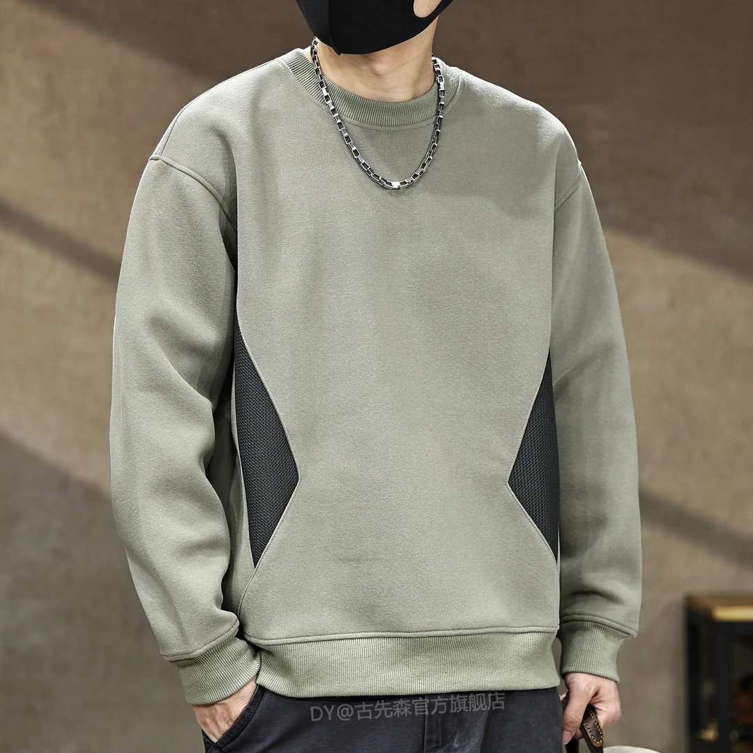 美式高端复古重磅420g卫衣男秋季潮牌撞色拼接圆领上衣男宽松外套