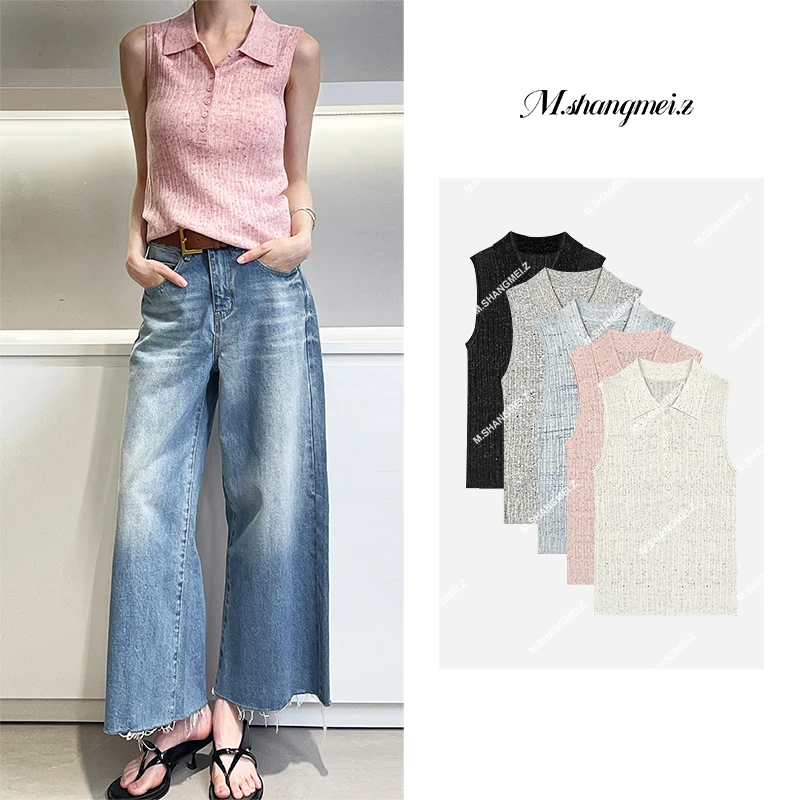 M.SHANGMEI.Z/沐熙【缤纷纱】美大哥小香风竖纹翻领无袖上衣X042288