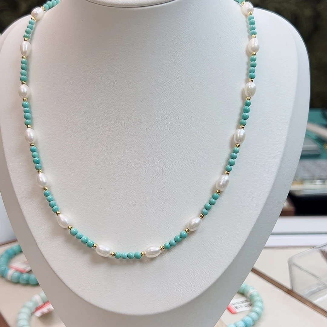 绿松石未镶嵌19圆珠锁骨链放漏卡3+