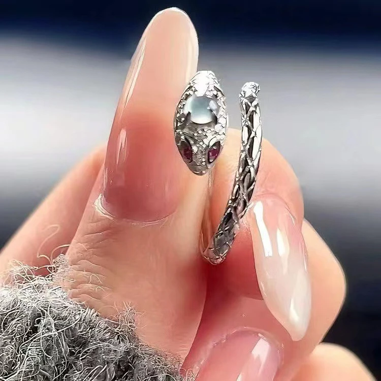 925银戒指 S925纯银蓝水灵蛇戒指女轻奢高级感食指戒可调节