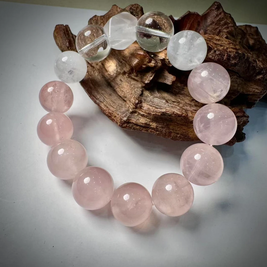 天然粉水晶 白幽灵 白水晶手串（14mm）Y262