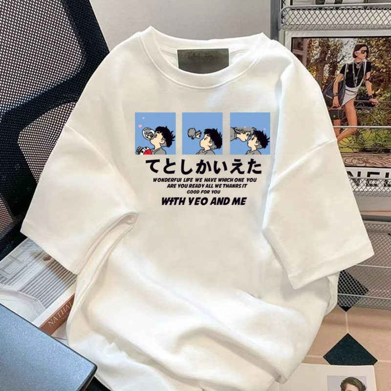 新款男生印花圆领体恤百搭潮牌上衣服宽松男士男款男式短袖痞帅