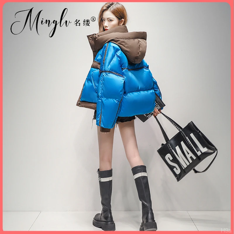 名缕撞色小个子羽绒服冬季时尚短款2025女装休闲新款保暖连帽外套