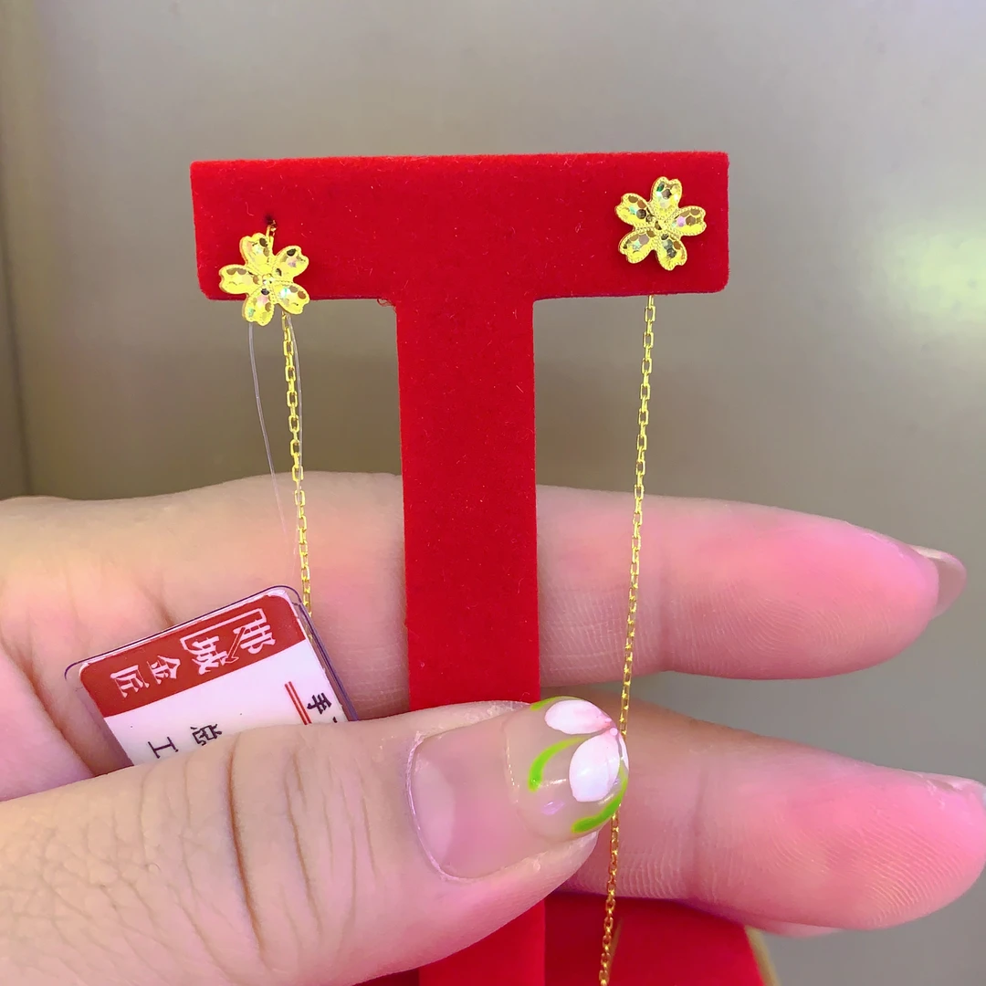 足金鱼鳞桃花耳钉线耳线