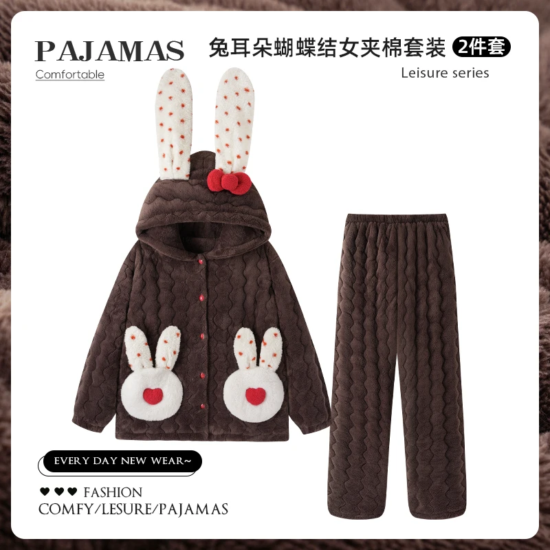 秋冬季三层夹棉睡衣女加绒加厚可爱卡通波点兔子可外穿套装家居服