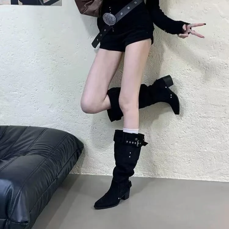 流浪沙丘~复古显 堆堆靴女靴褶皱绒面不过膝高筒瘦瘦靴6088-1/B13