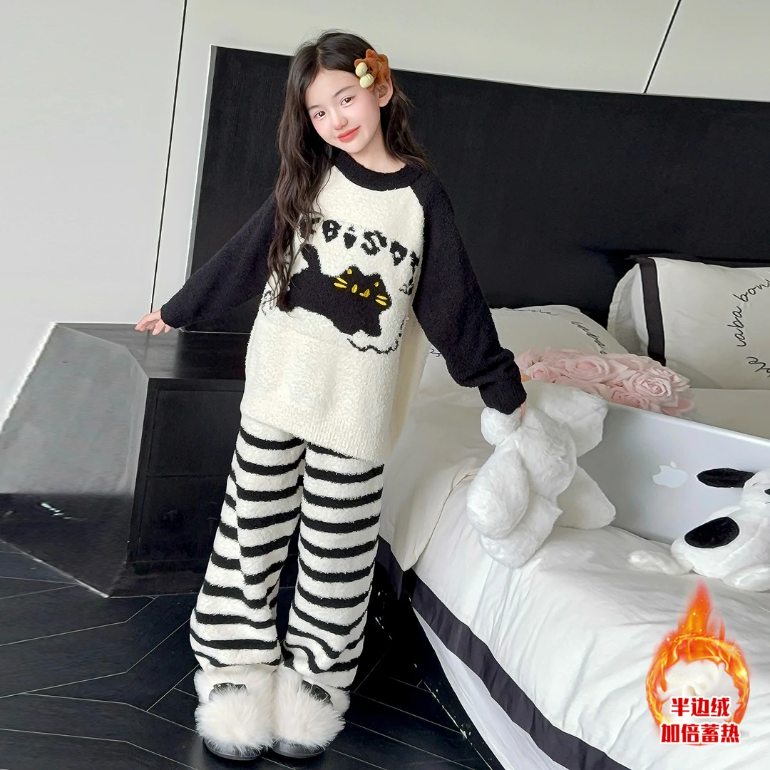 儿童半边绒睡衣秋冬女童冬装家居服套装加厚加绒猫咪款法兰绒套装