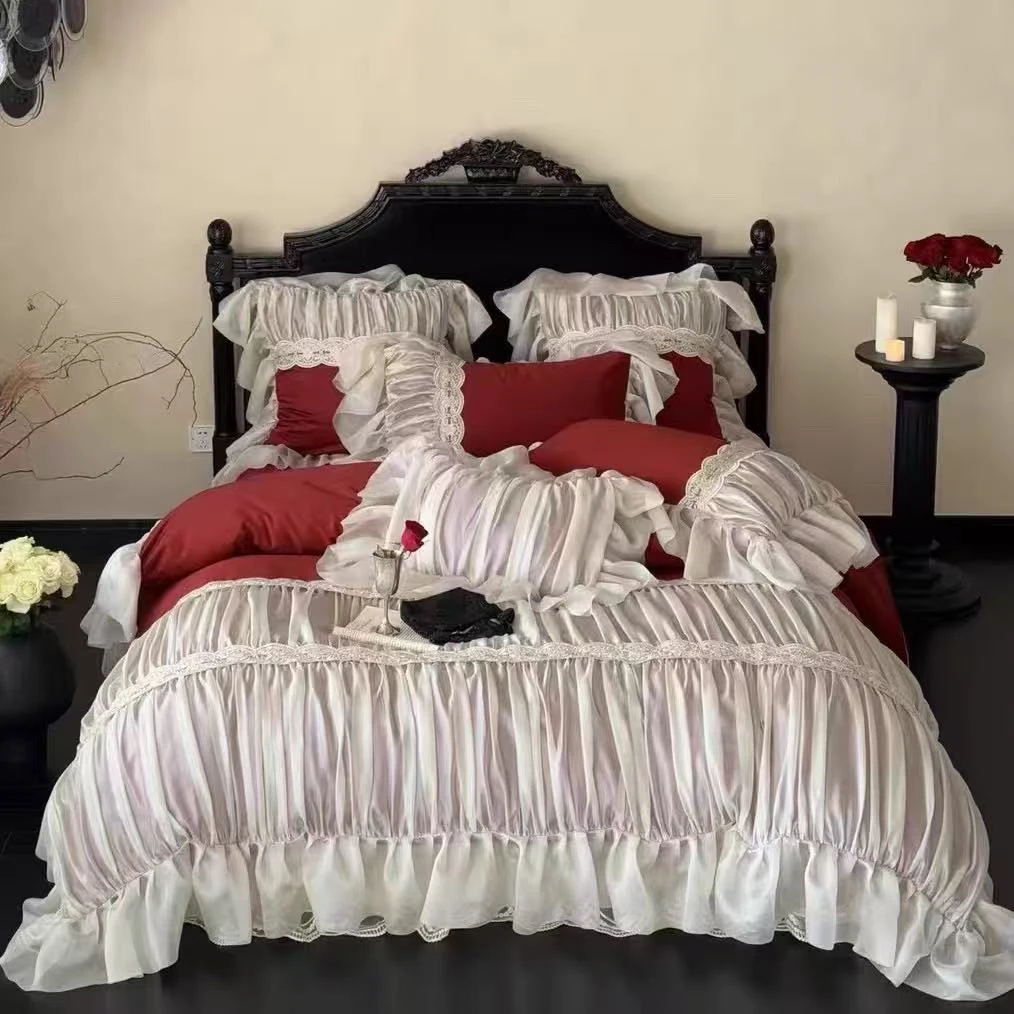 公主婚庆全棉床品欧式酒红奢华法式蕾丝花边长绒棉纯棉床盖四件套