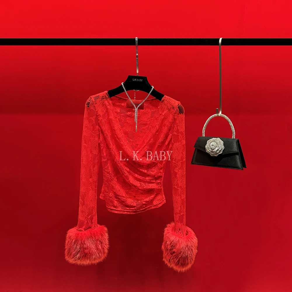 【L.K.BABY】烈艳西施  时髦气质雕花水溶蕾丝sexy轻奢性感V领上衣