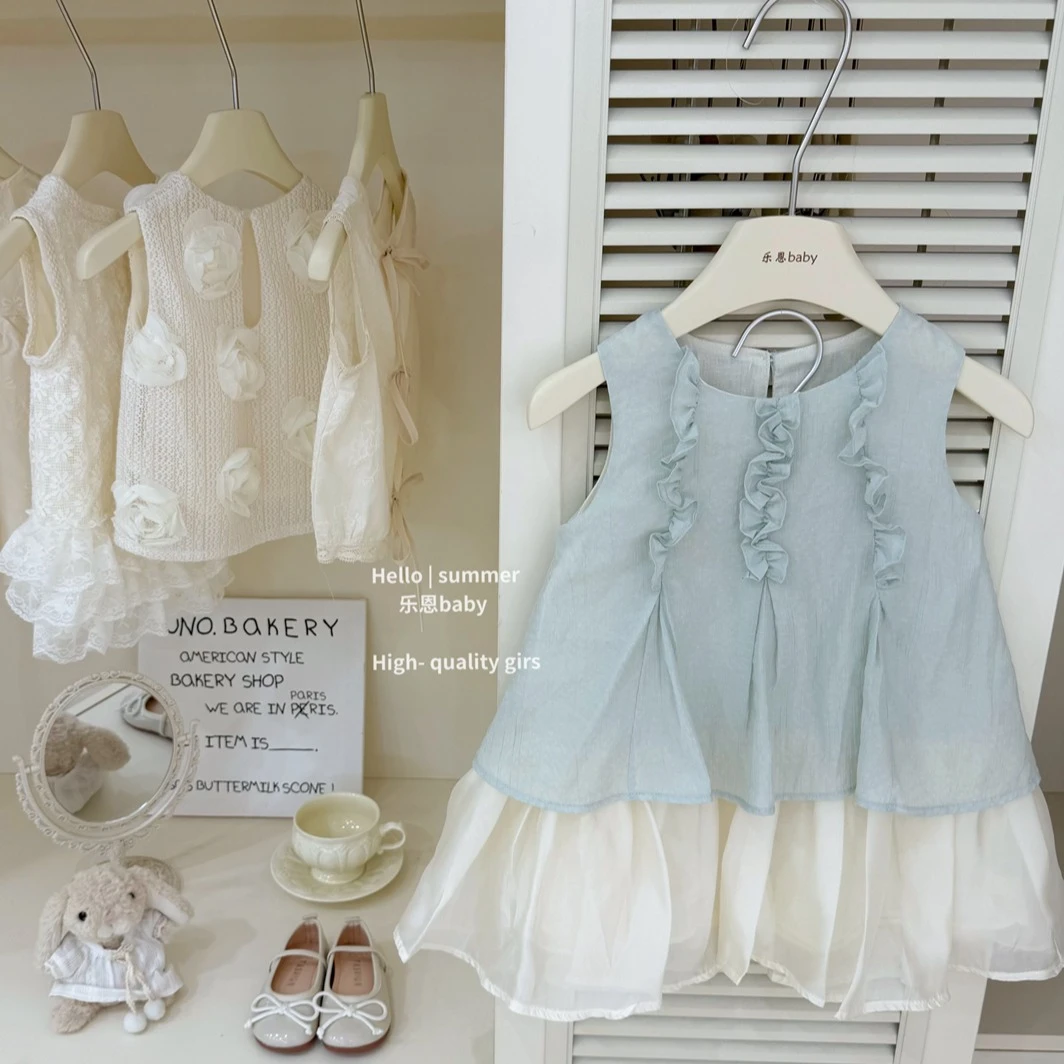 现【乐恩童装】原创高定女童夏季蓝色拼接背心裙洋气网纱宝宝连衣裙