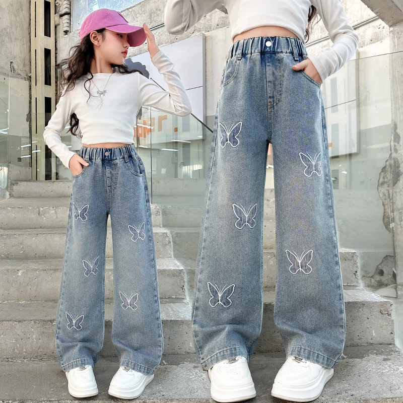 女童阔腿裤春秋装2025新款时髦刺绣牛仔裤儿童中大童春款女孩裤子